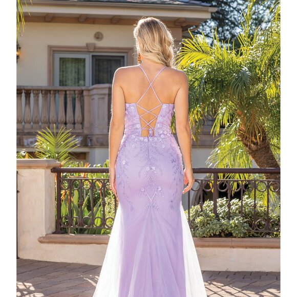 New Floral Lace Embellished Maxi Formal Dress w/ V-Neck & Lace Up Back DQ 4308 - Picture 4 of 9